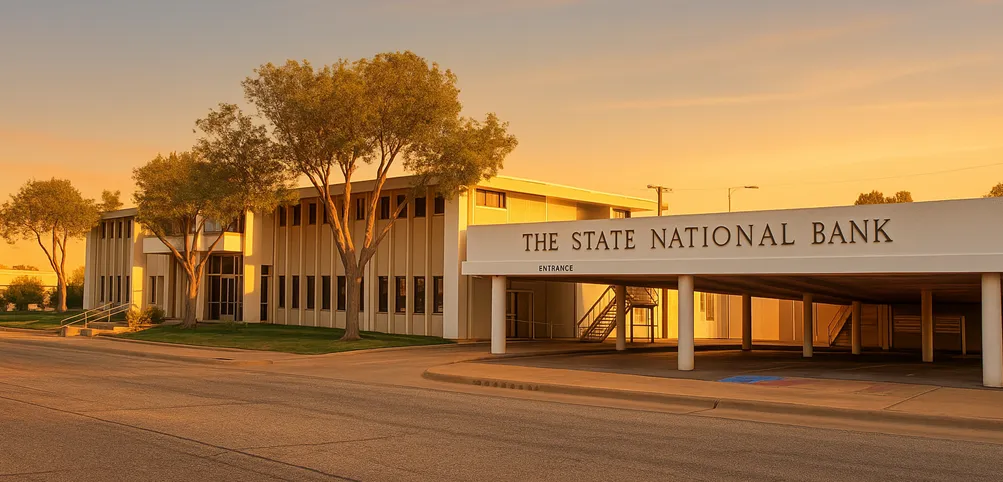 An architectural rendering of a State National Bank branch