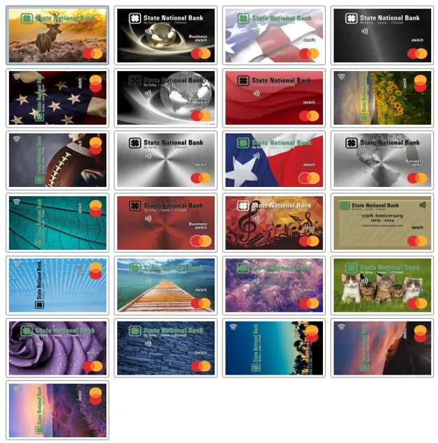 A grid of State National Bank Mastercard designs available