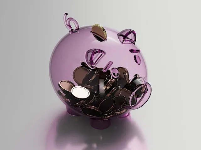 A translucent purple piggy bank filled with coins